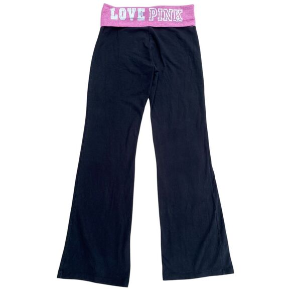 Y2K VS PINK M Foldover Black Flare Leggings Pink Silver Logo Low Rise Vtg - Picture 14 of 15